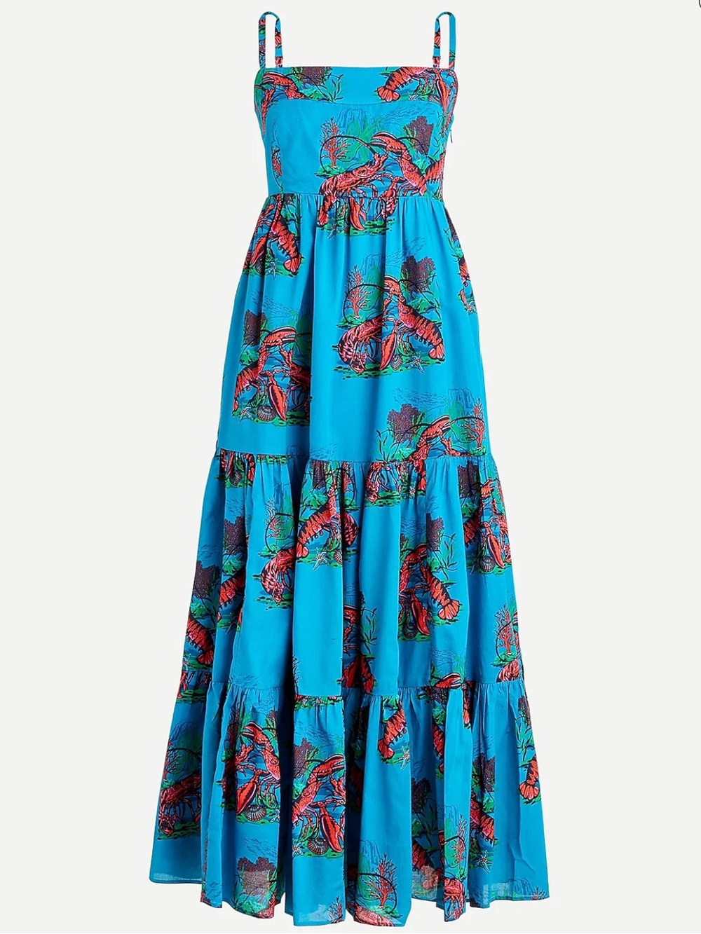 J. Crew Floral Tiered Spaghetti-Strap Maxi Dress Lobster Blue Cotton 8 Tall